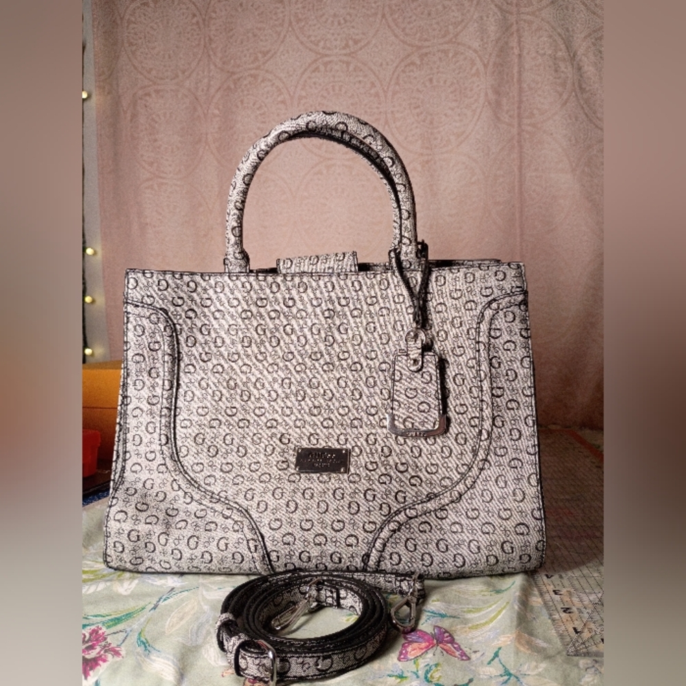 Guess White and Black Monogram Tote Bag